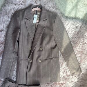 Double-Breasted Taupe Pinstripe Blazer - Unbranded